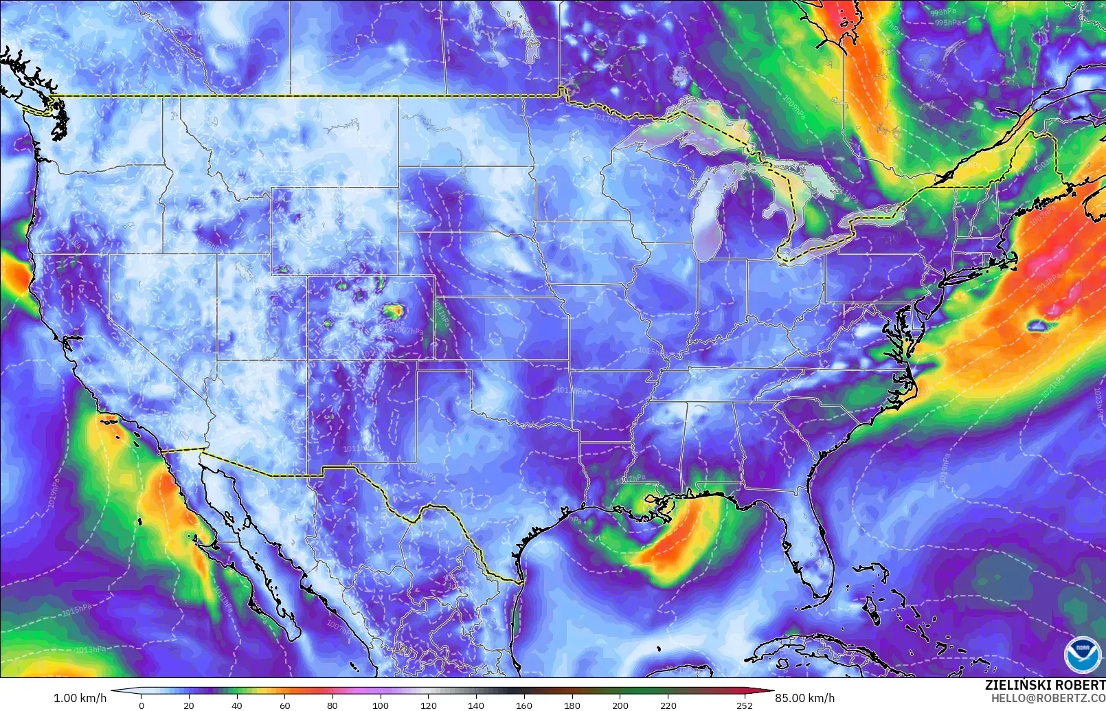 GFS modelo - Estados Unidos, Ráfagas de viento