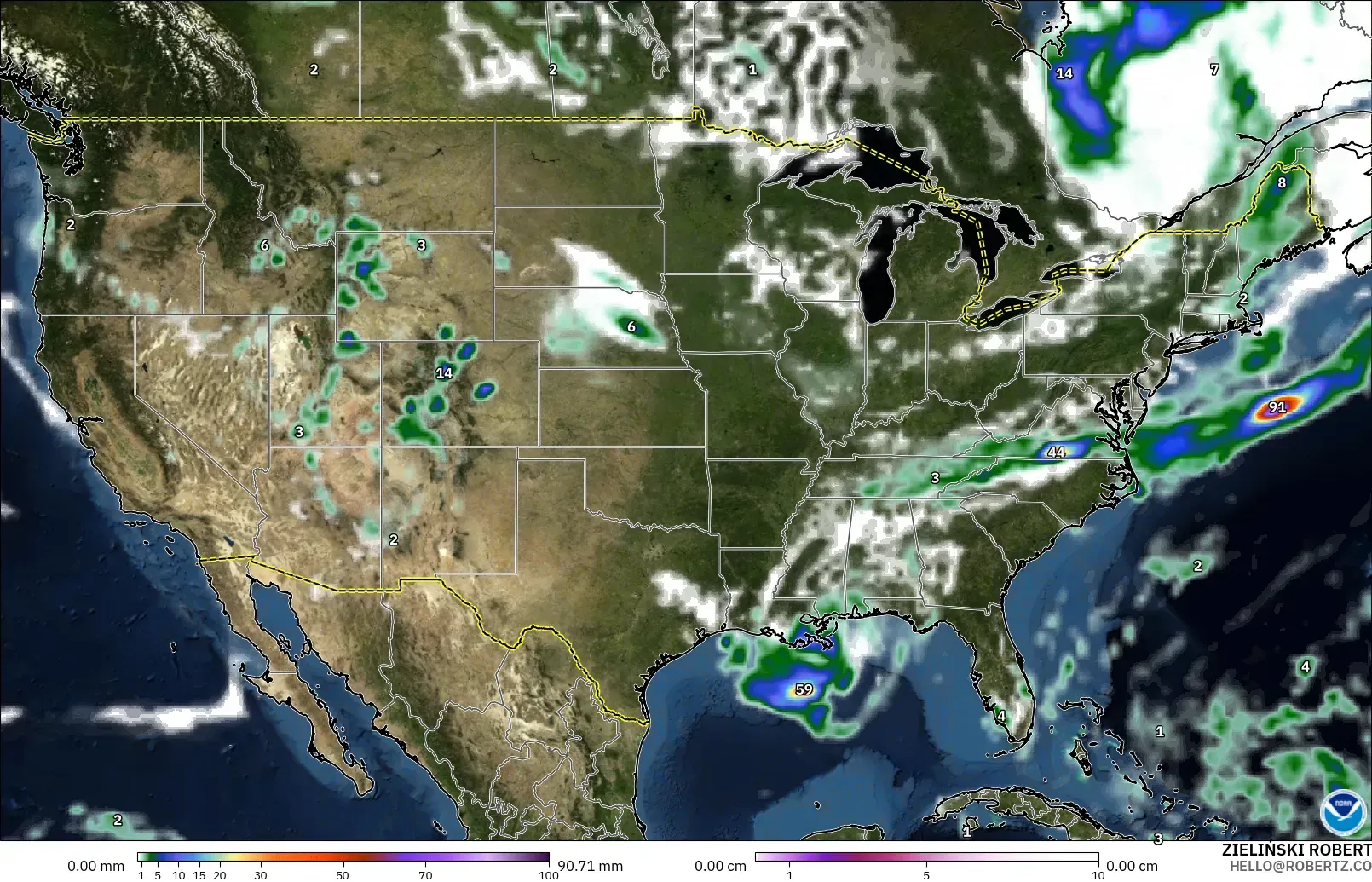 GFS modelo - Estados Unidos, Precipitación, nubes y presión