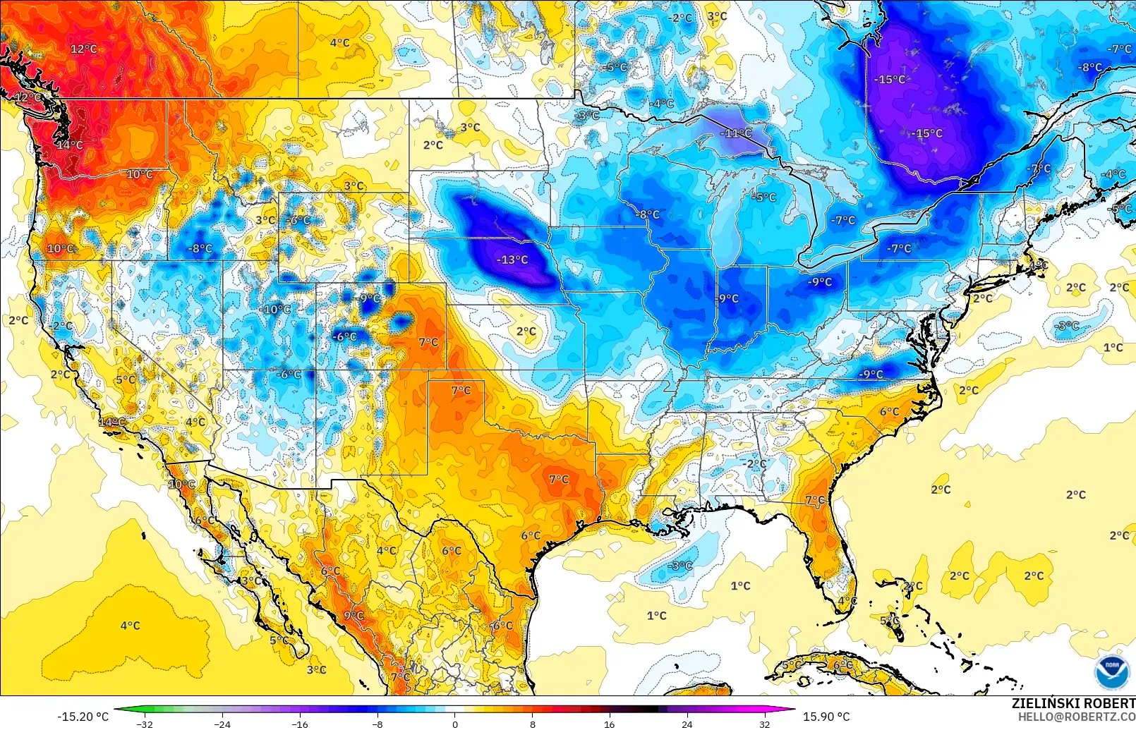GFS modelo - Estados Unidos, Anomalía de temperatura a 2 m