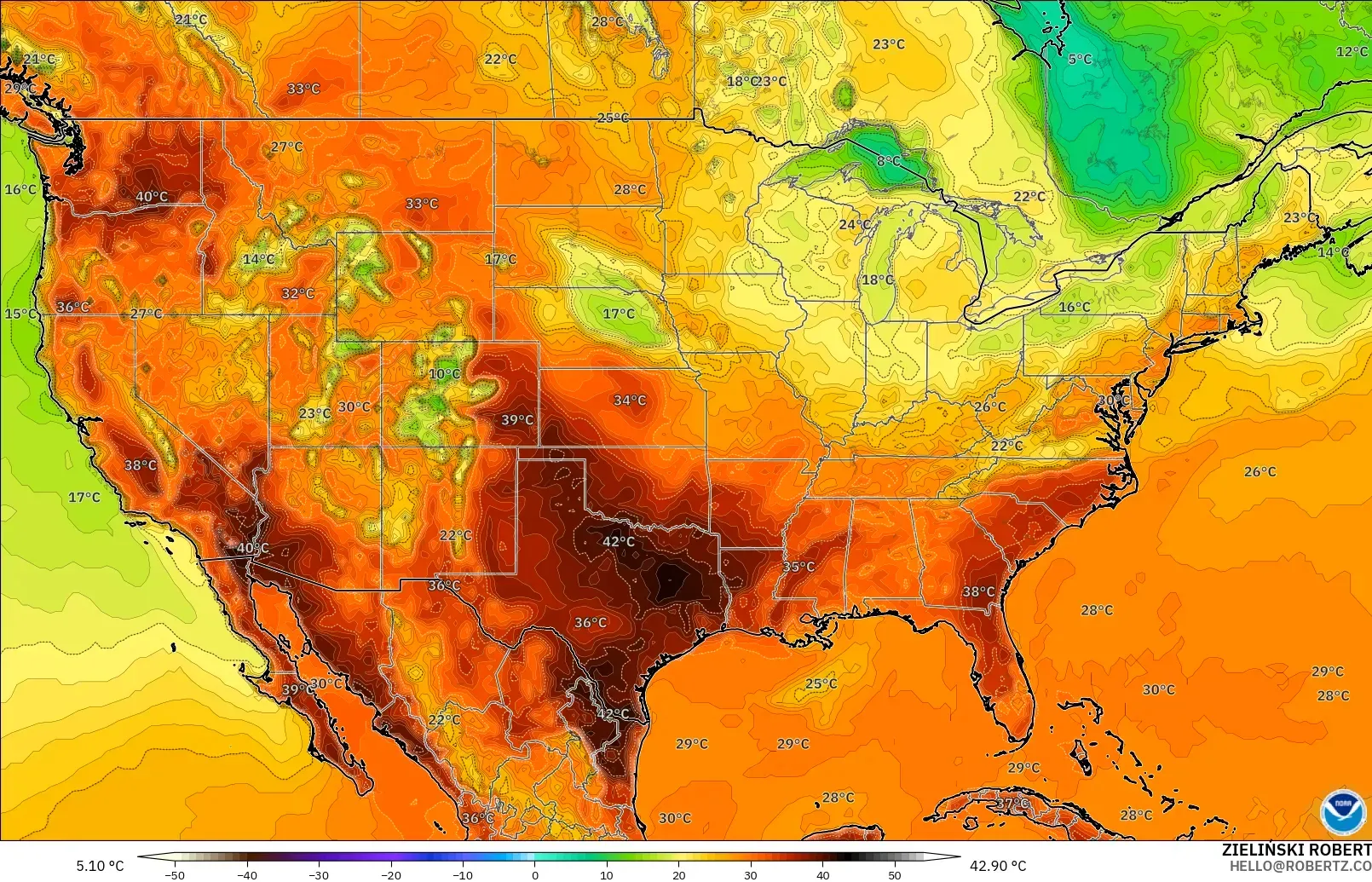GFS modelo - Estados Unidos, Temperatura a 2 m