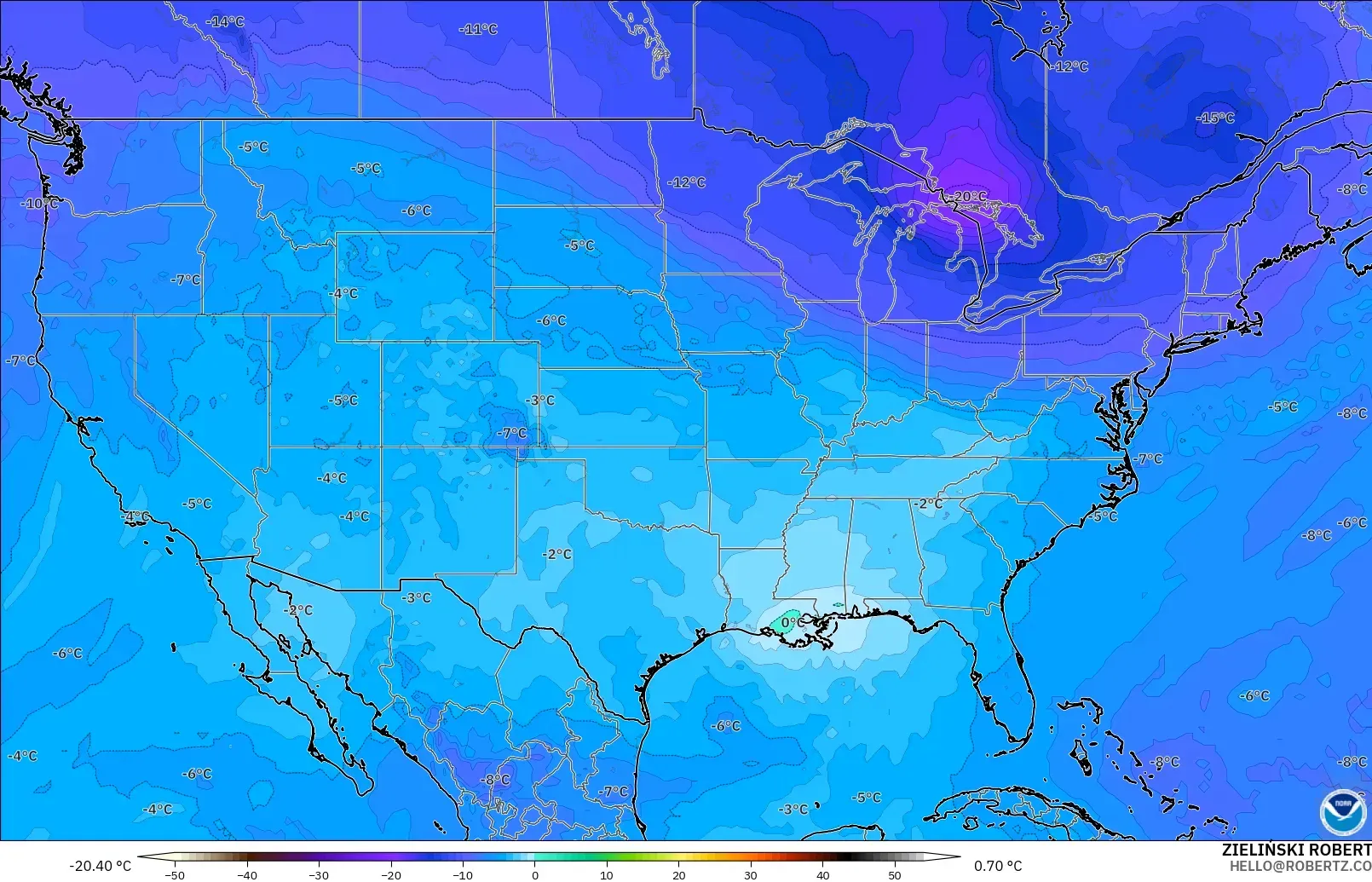 GFS modelo - Estados Unidos, Temperatura a 500 hPa