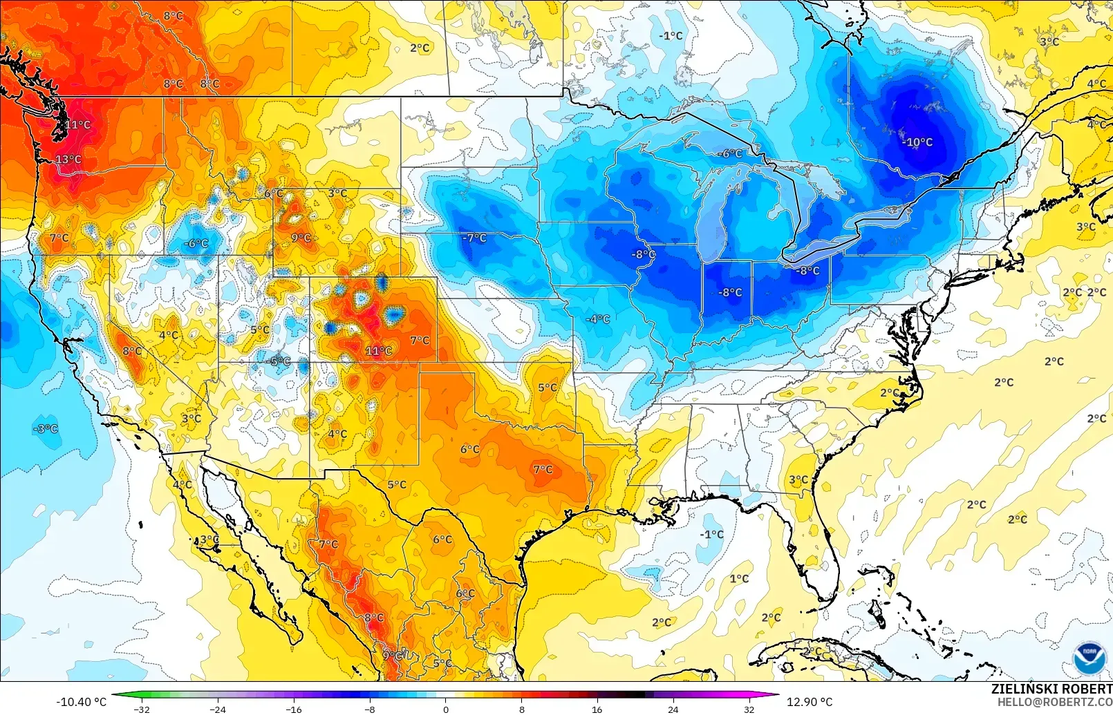 GFS modelo - Estados Unidos, Anomalía de temperatura a 850 hPa