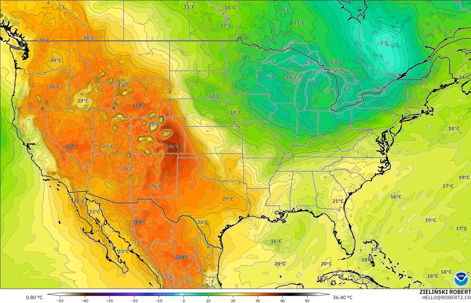 GFS modelo - Estados Unidos, Temperatura a 850 hPa
