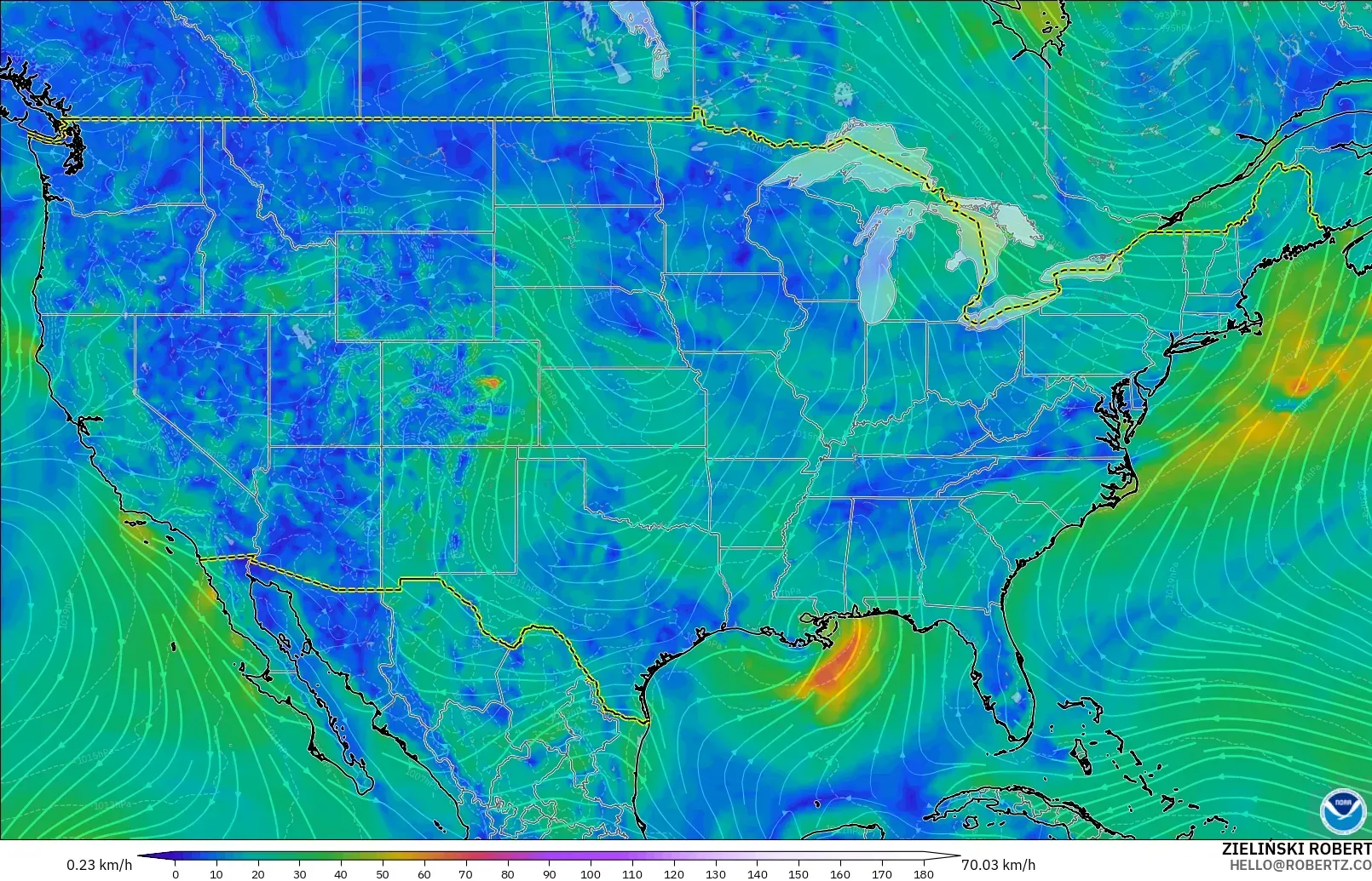 GFS modelo - Estados Unidos, Viento a 10 m