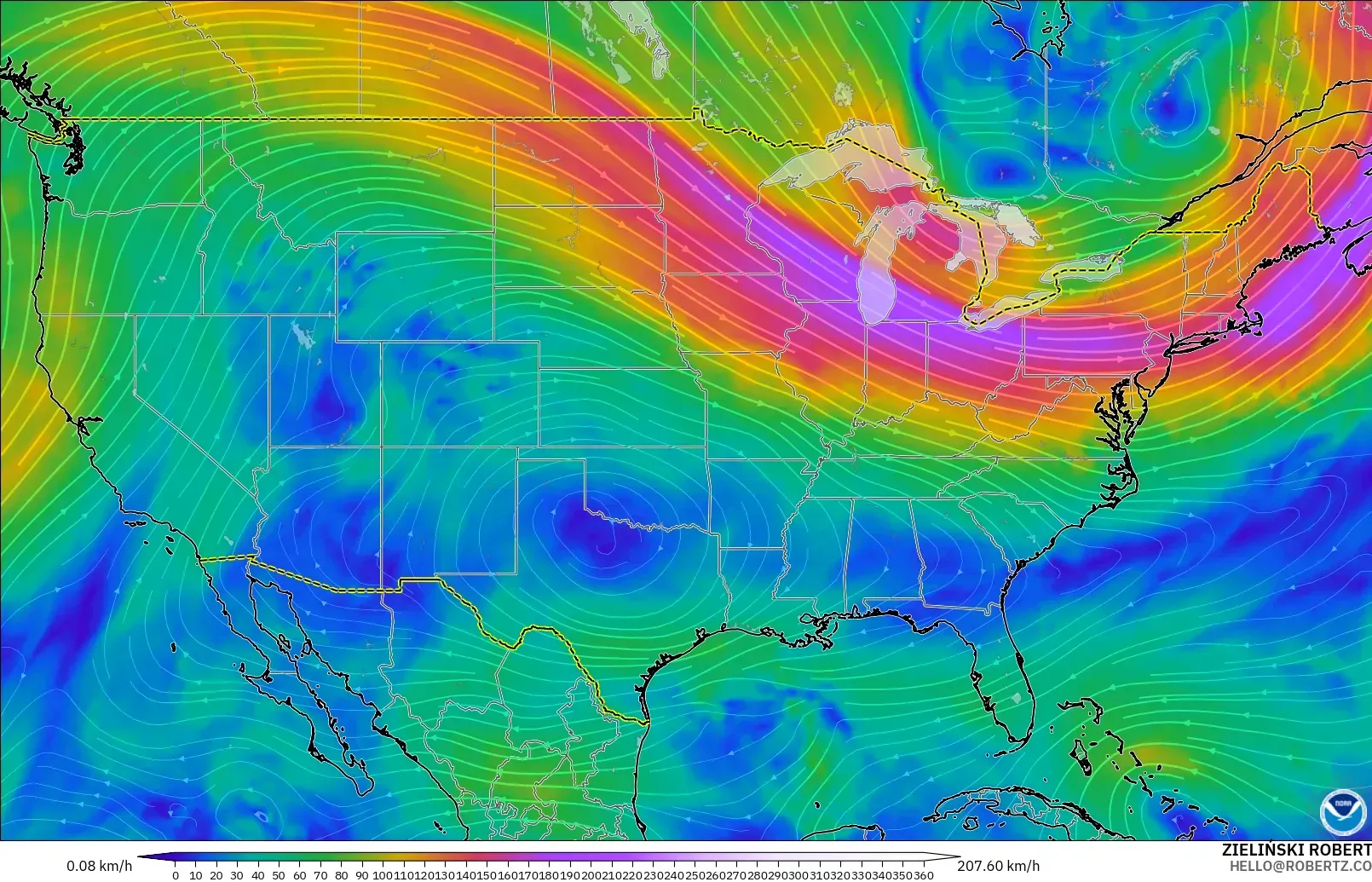 GFS modelo - Estados Unidos, Viento a 300 hPa (corriente en chorro)