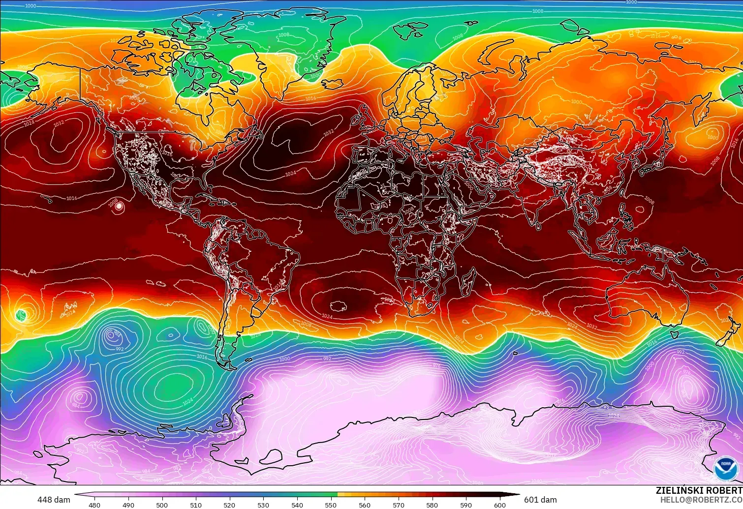 GFS modelo - Mundo, Altura geopotencial a 500 hPa