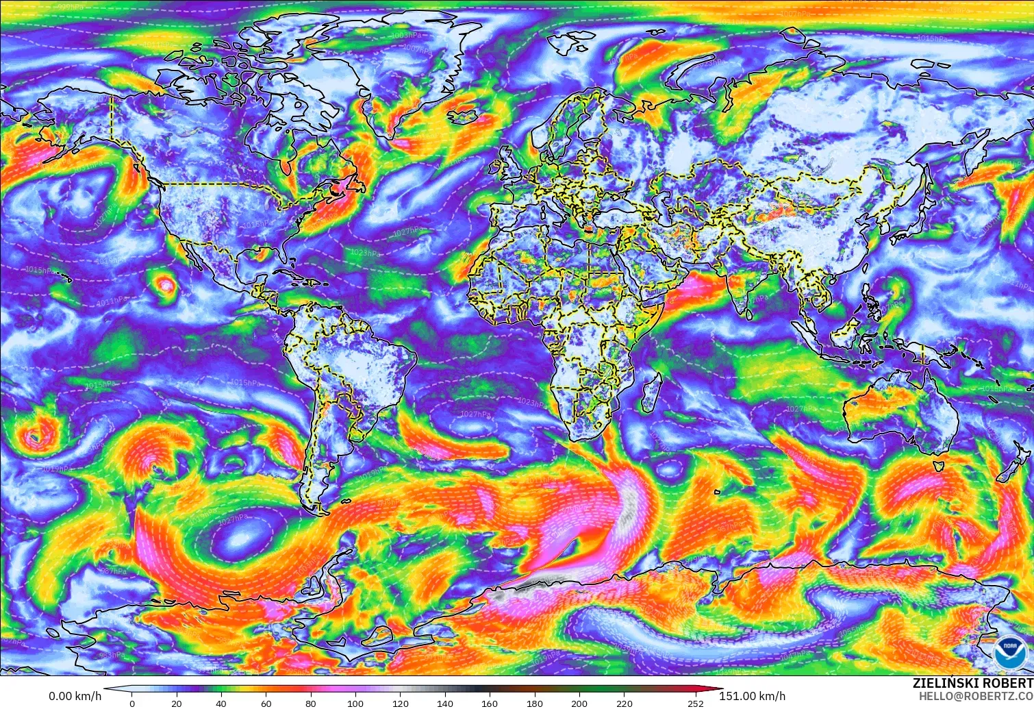 GFS modelo - Mundo, Ráfagas de Viento Máximas
