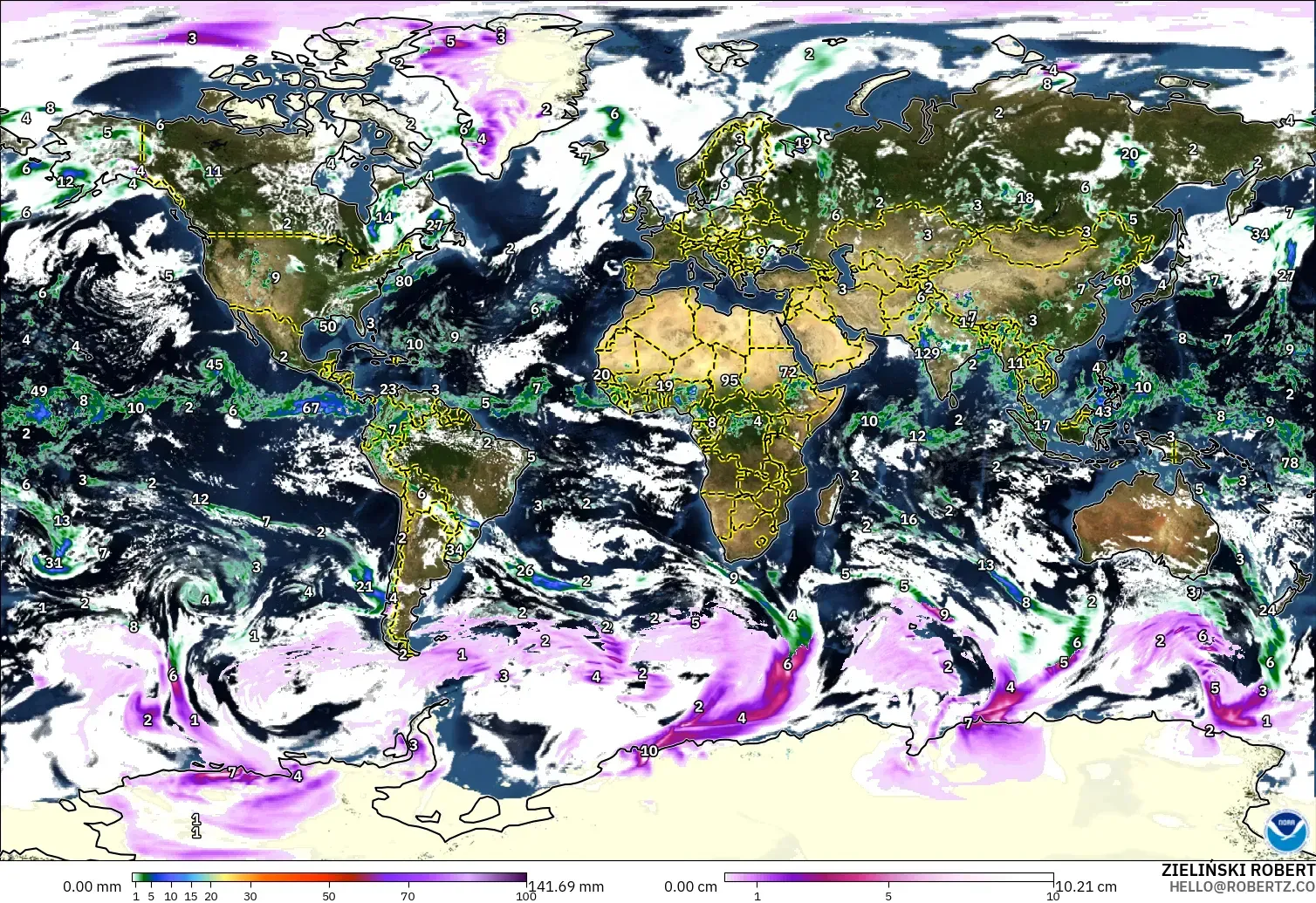 GFS modelo - Mundo, Precipitación, nubes y presión
