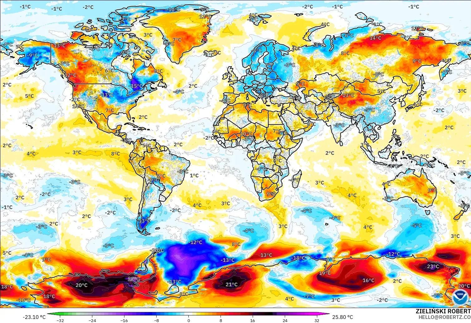 GFS modelo - Mundo, Anomalía de temperatura a 2 m
