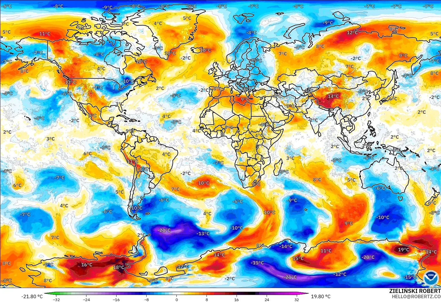 GFS modelo - Mundo, Anomalía de temperatura a 850 hPa