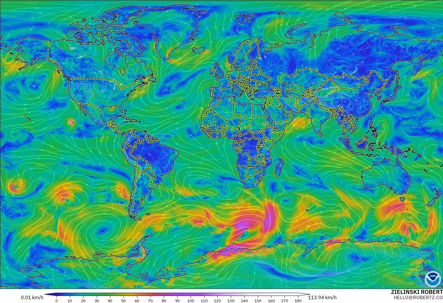 GFS modelo - Mundo, Viento a 10 m
