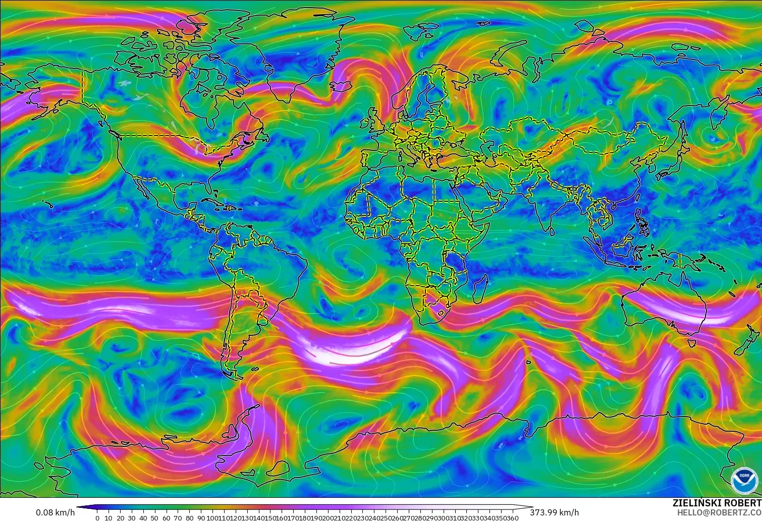 GFS modelo - Mundo, Viento a 300 hPa (corriente en chorro)