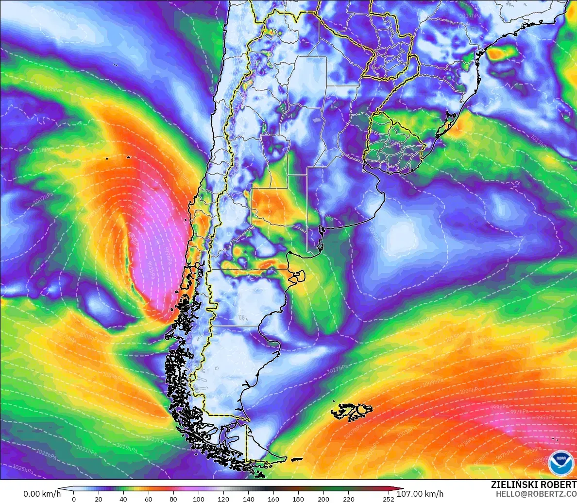 GFS modelo - Argentina, Ráfagas de viento