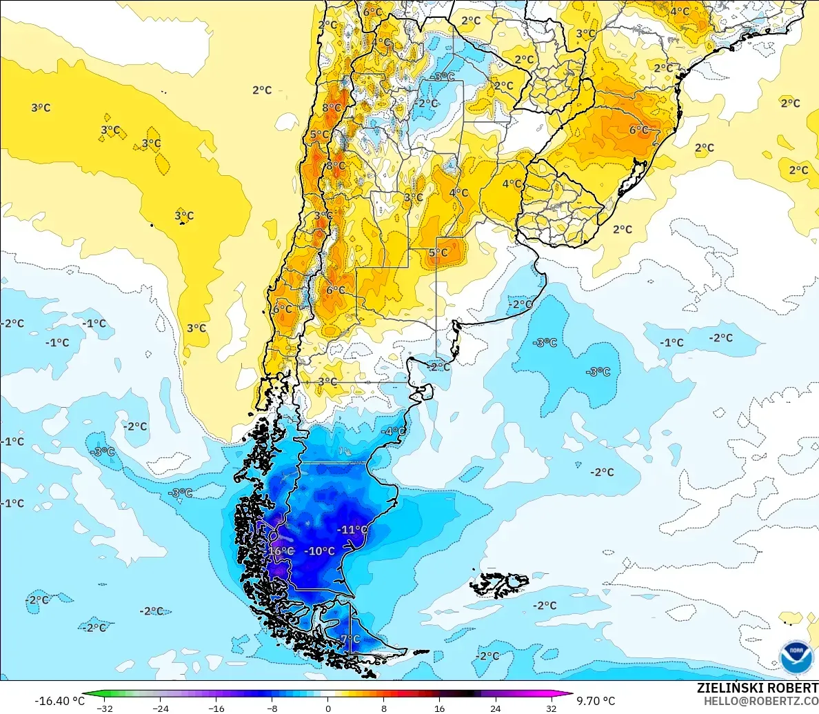 GFS modelo - Argentina, Anomalía de temperatura a 2 m