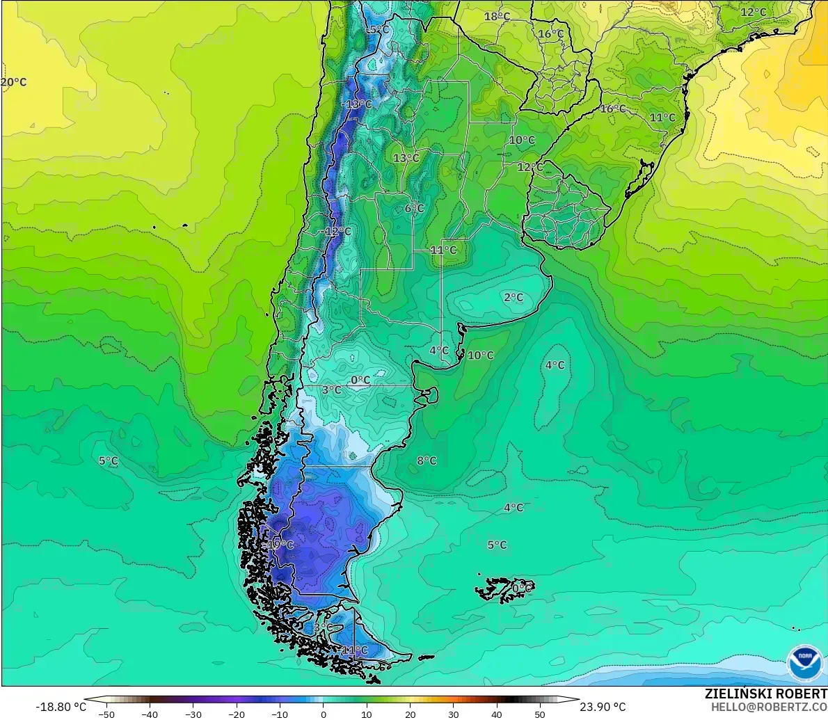 GFS modelo - Argentina, Temperatura a 2 m