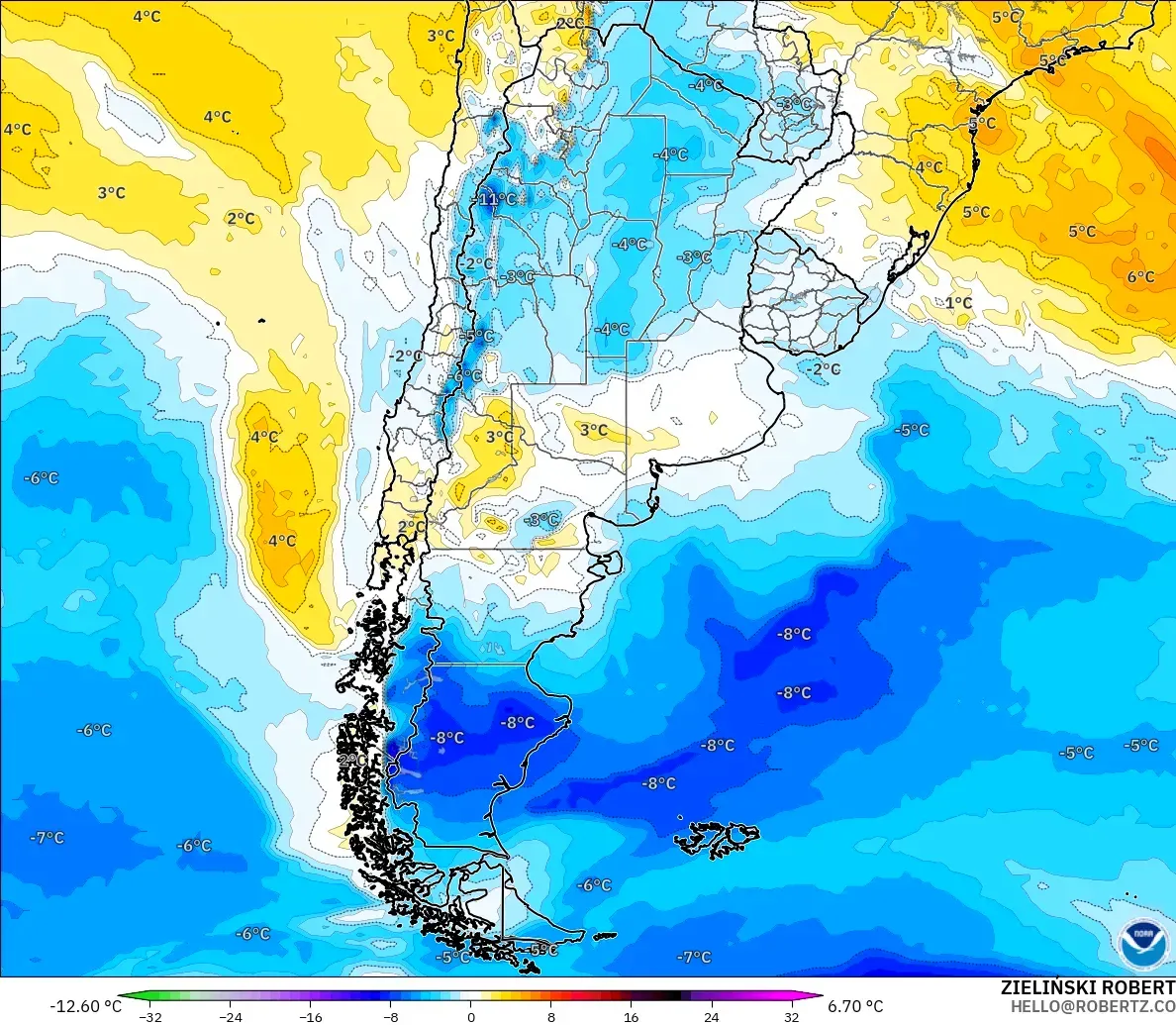 GFS modelo - Argentina, Anomalía de temperatura a 850 hPa