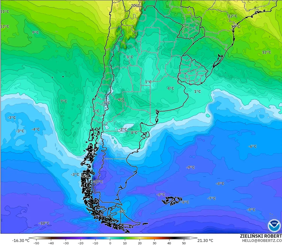 GFS modelo - Argentina, Temperatura a 850 hPa