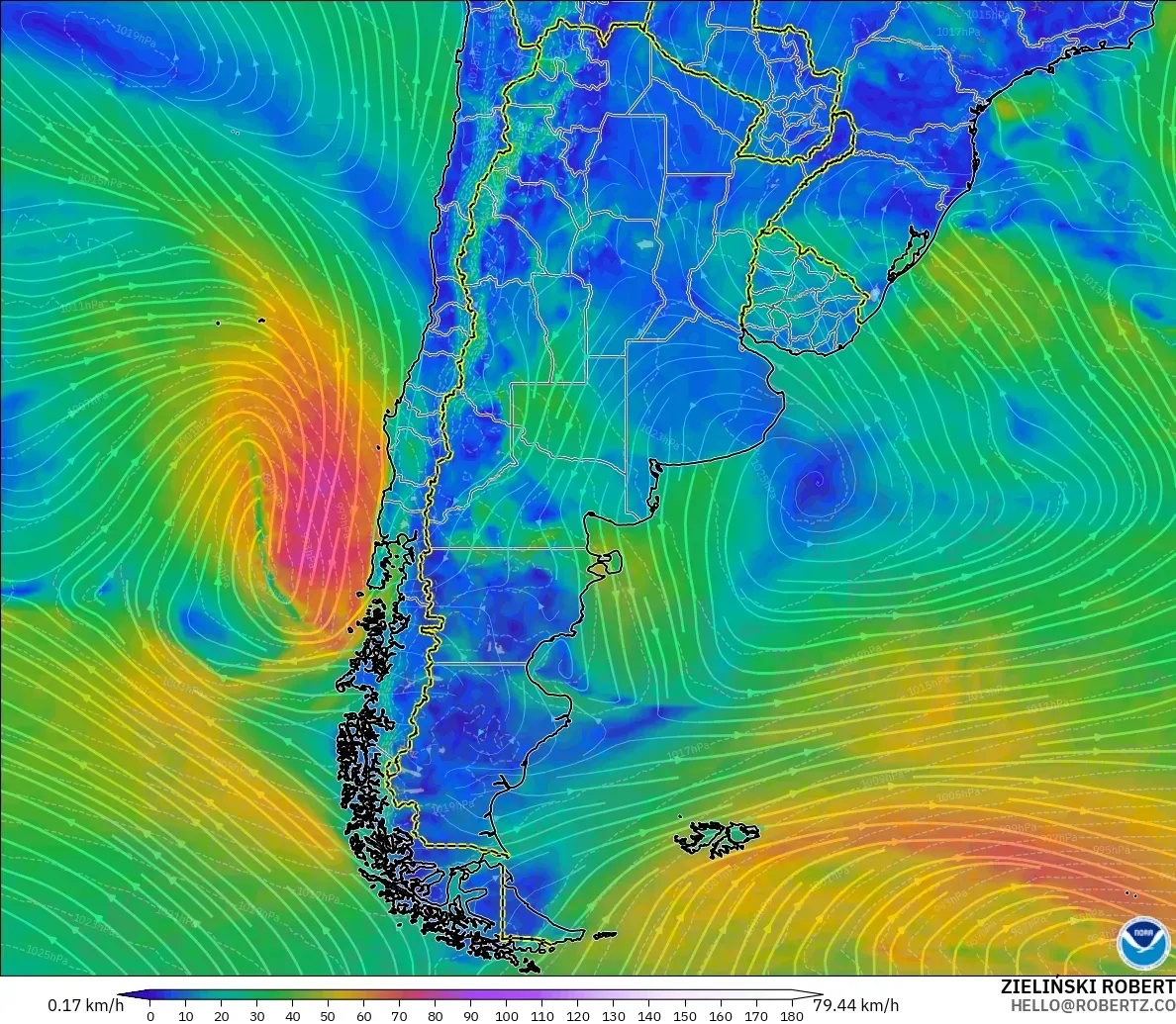 GFS modelo - Argentina, Viento a 10 m
