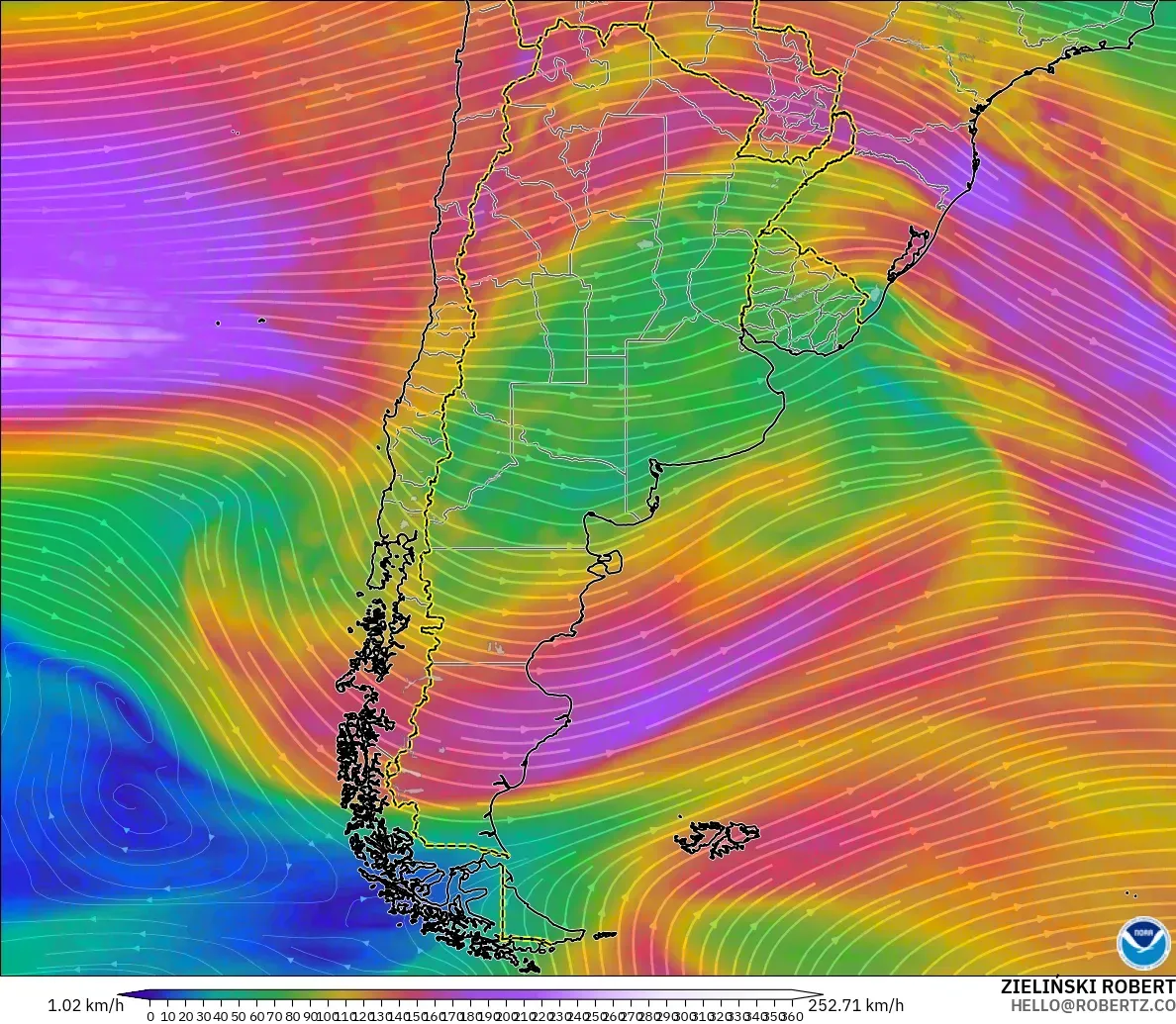 GFS modelo - Argentina, Viento a 300 hPa (corriente en chorro)