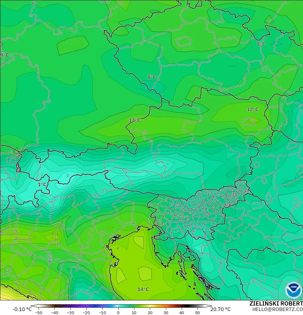 GFS modelo - Austria, Punto de rocío a 2 m