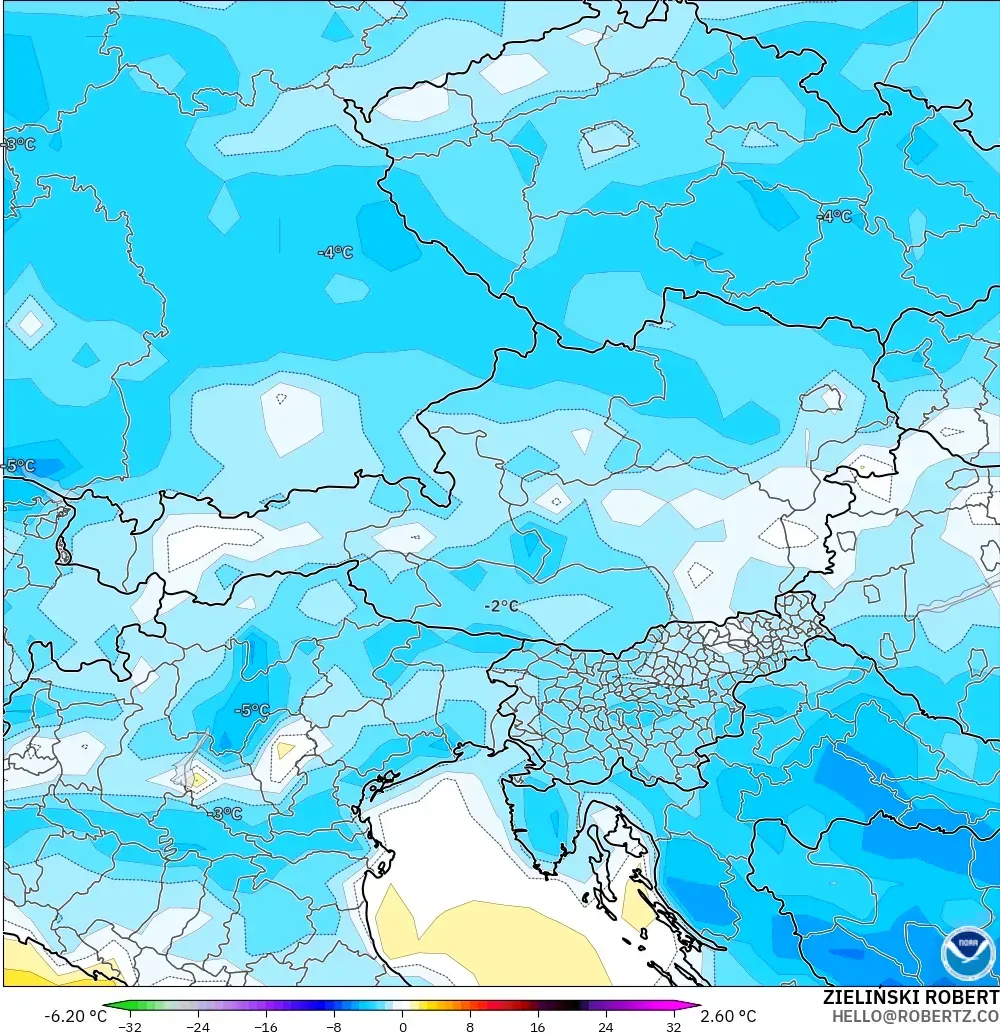 GFS modelo - Austria, Anomalía de temperatura a 2 m