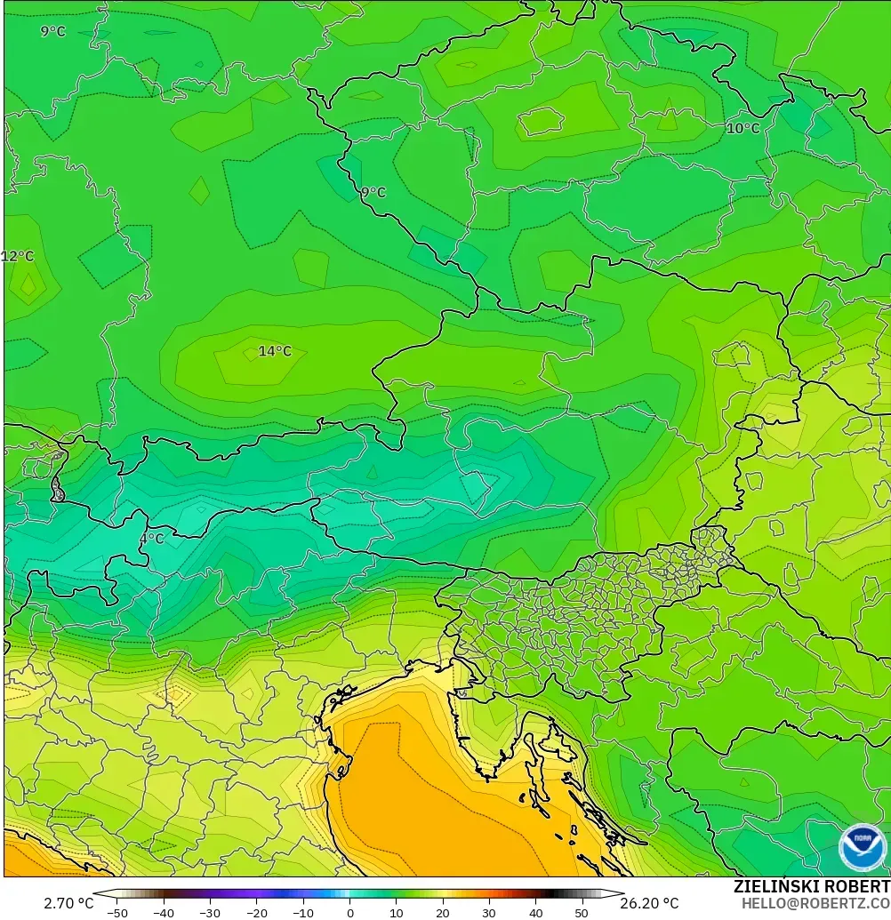 GFS modelo - Austria, Temperatura a 2 m