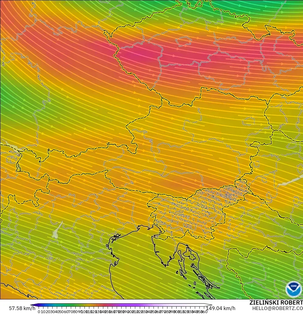 GFS modelo - Austria, Viento a 300 hPa (corriente en chorro)