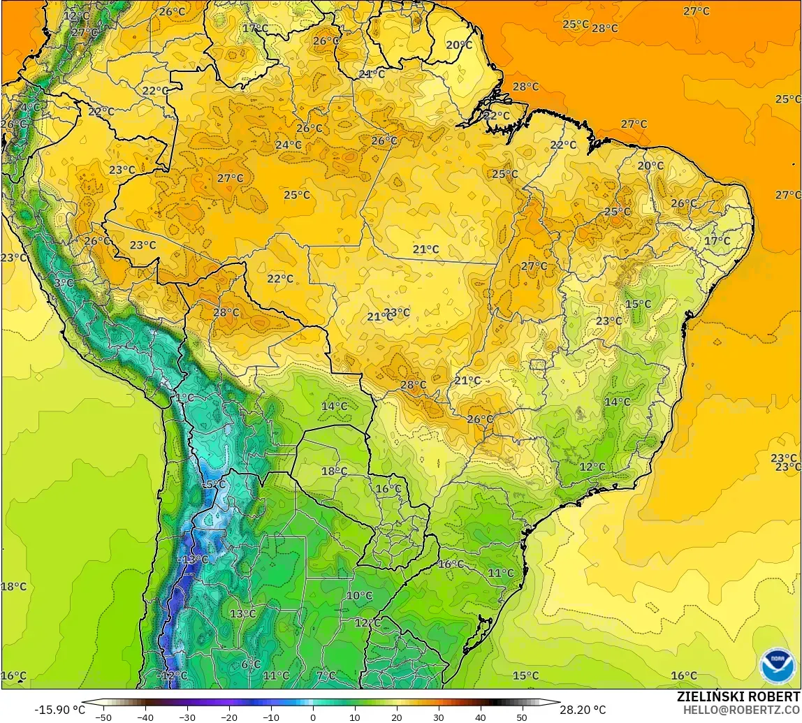 GFS modelo - Brasil, Temperatura a 2 m