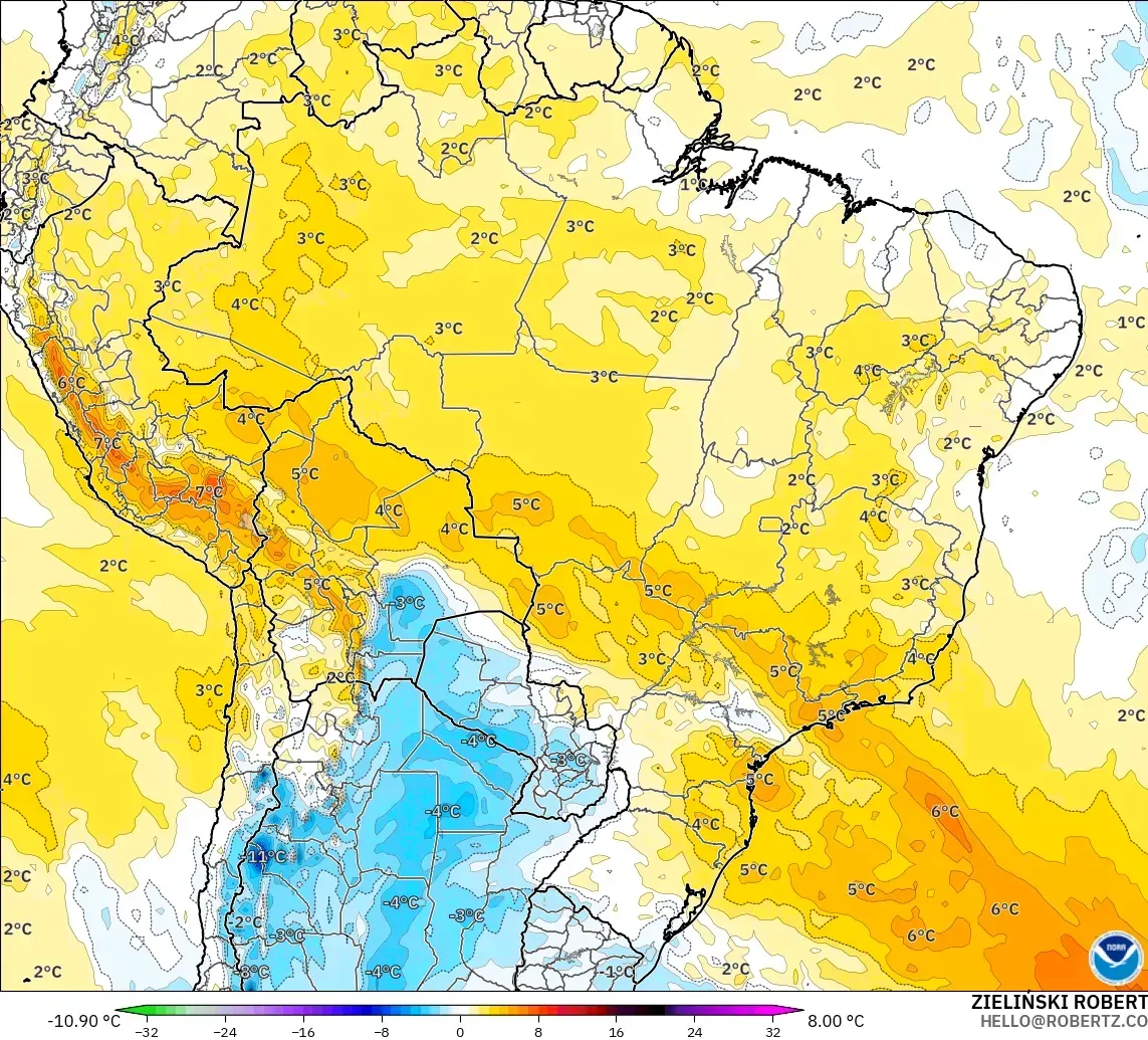 GFS modelo - Brasil, Anomalía de temperatura a 850 hPa