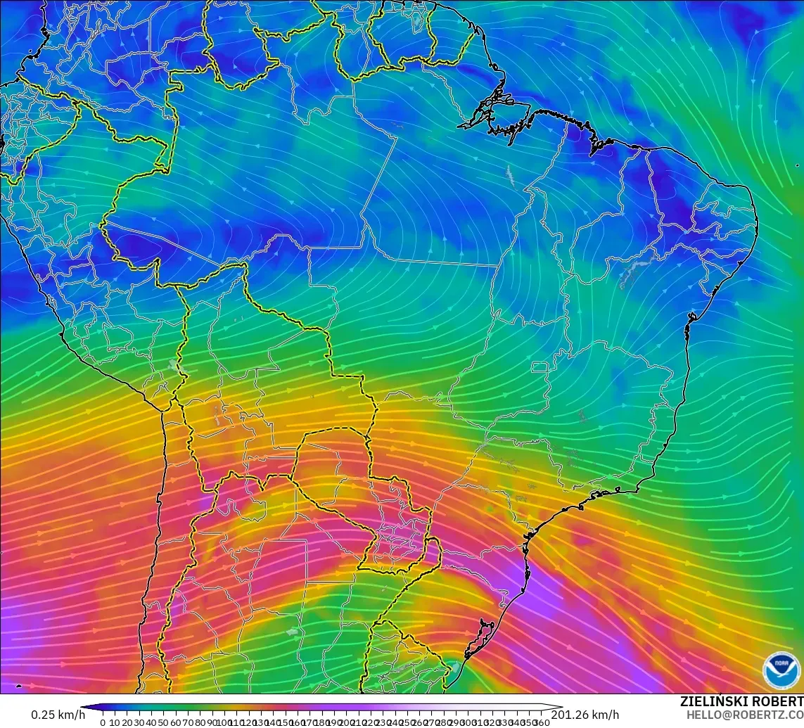 GFS modelo - Brasil, Viento a 300 hPa (corriente en chorro)