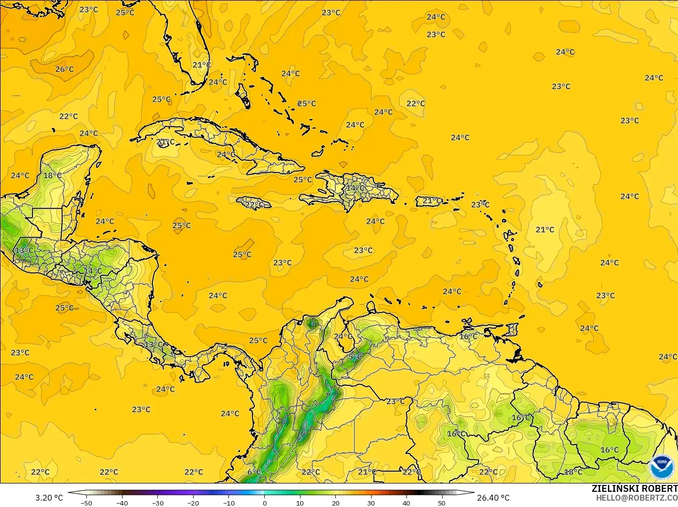 GFS modelo - Caribe, Punto de rocío a 2 m