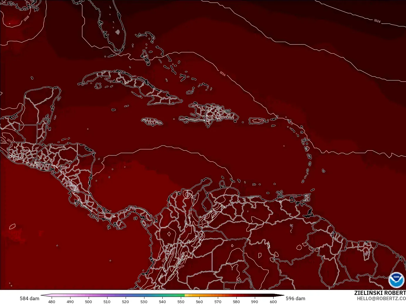 GFS modelo - Caribe, Altura geopotencial a 500 hPa