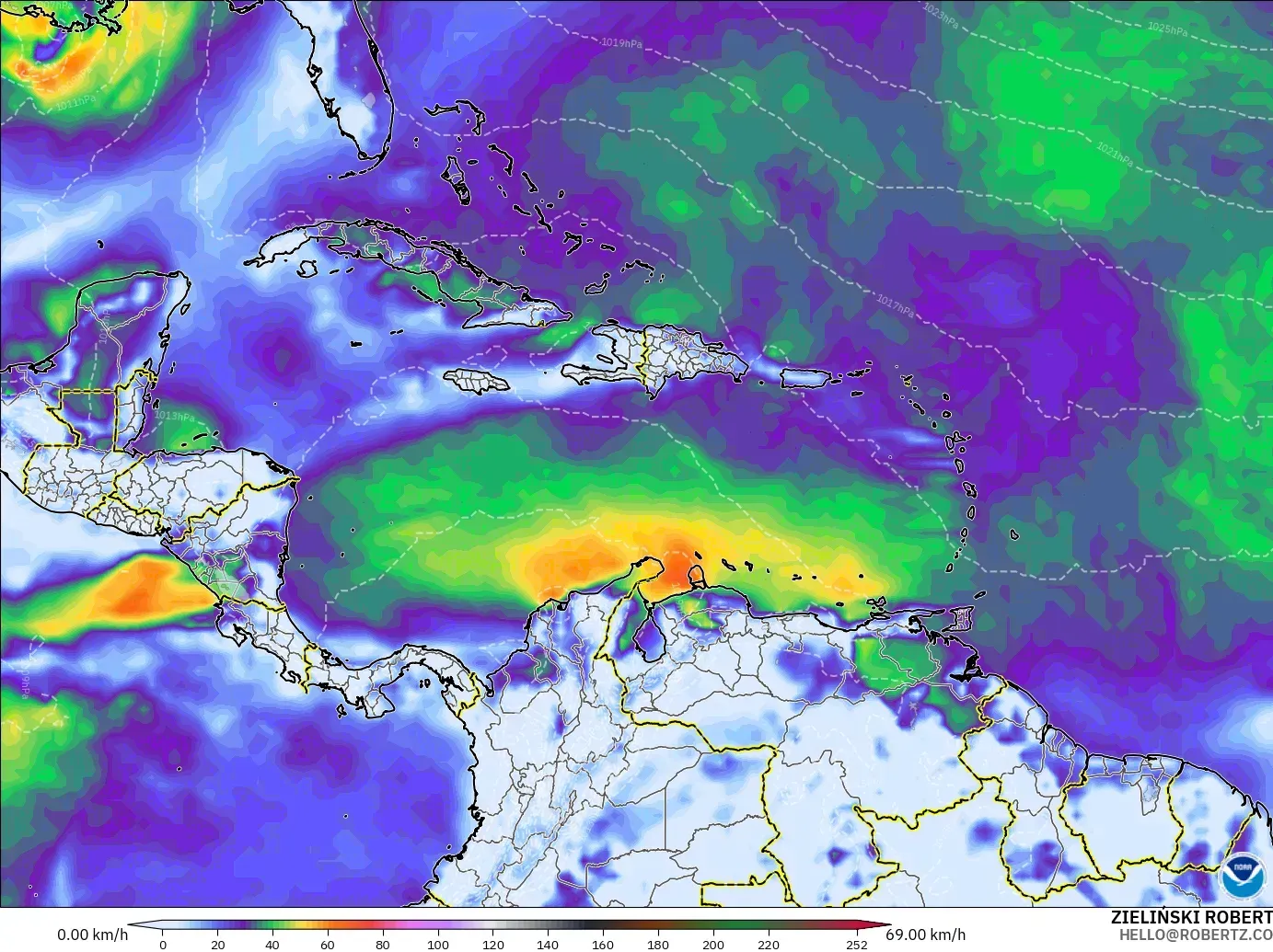 GFS modelo - Caribe, Ráfagas de viento