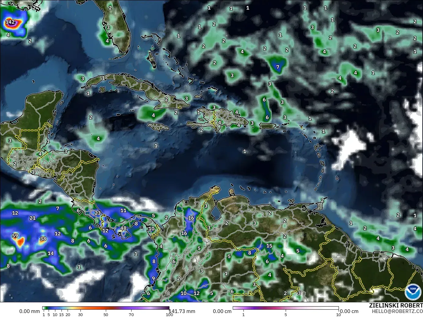 GFS modelo - Caribe, Precipitación, nubes y presión
