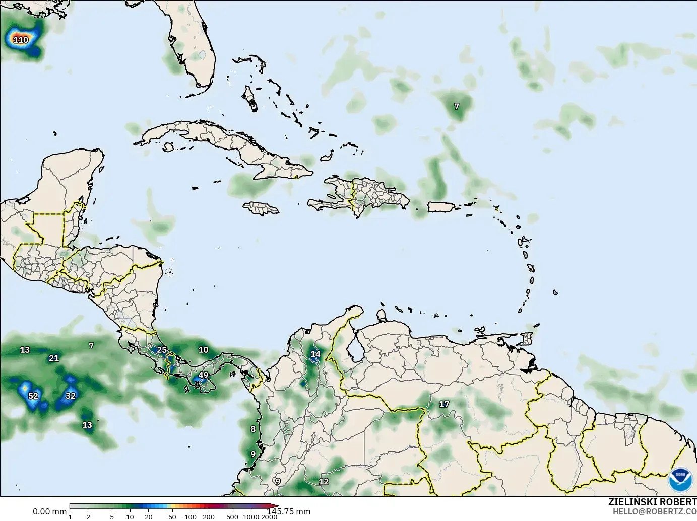 GFS modelo - Caribe, Acumulación de precipitación