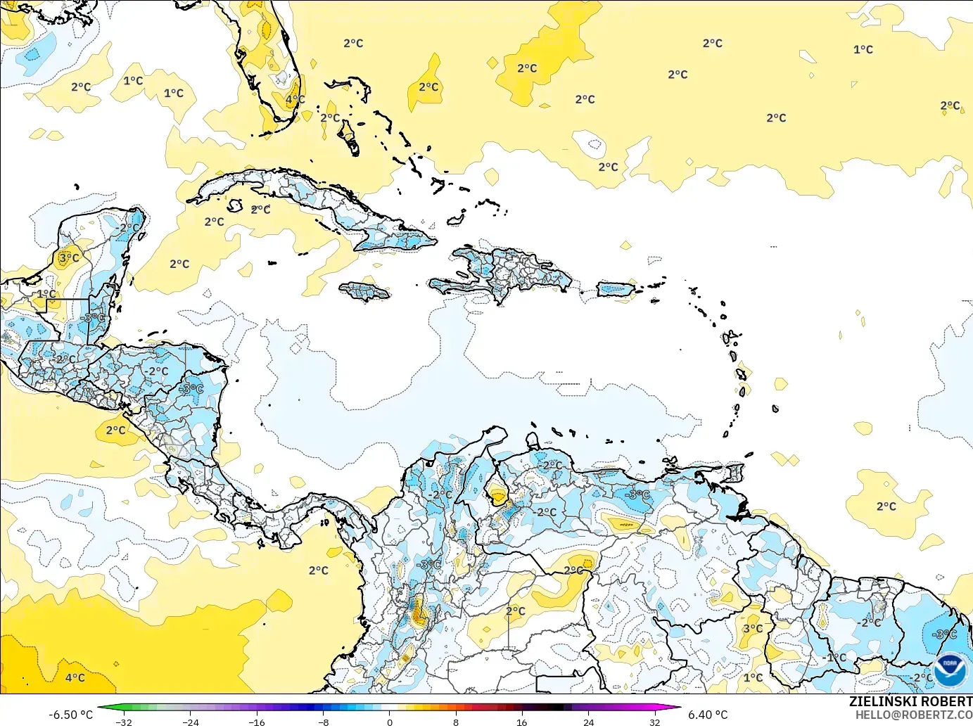 GFS modelo - Caribe, Anomalía de temperatura a 2 m