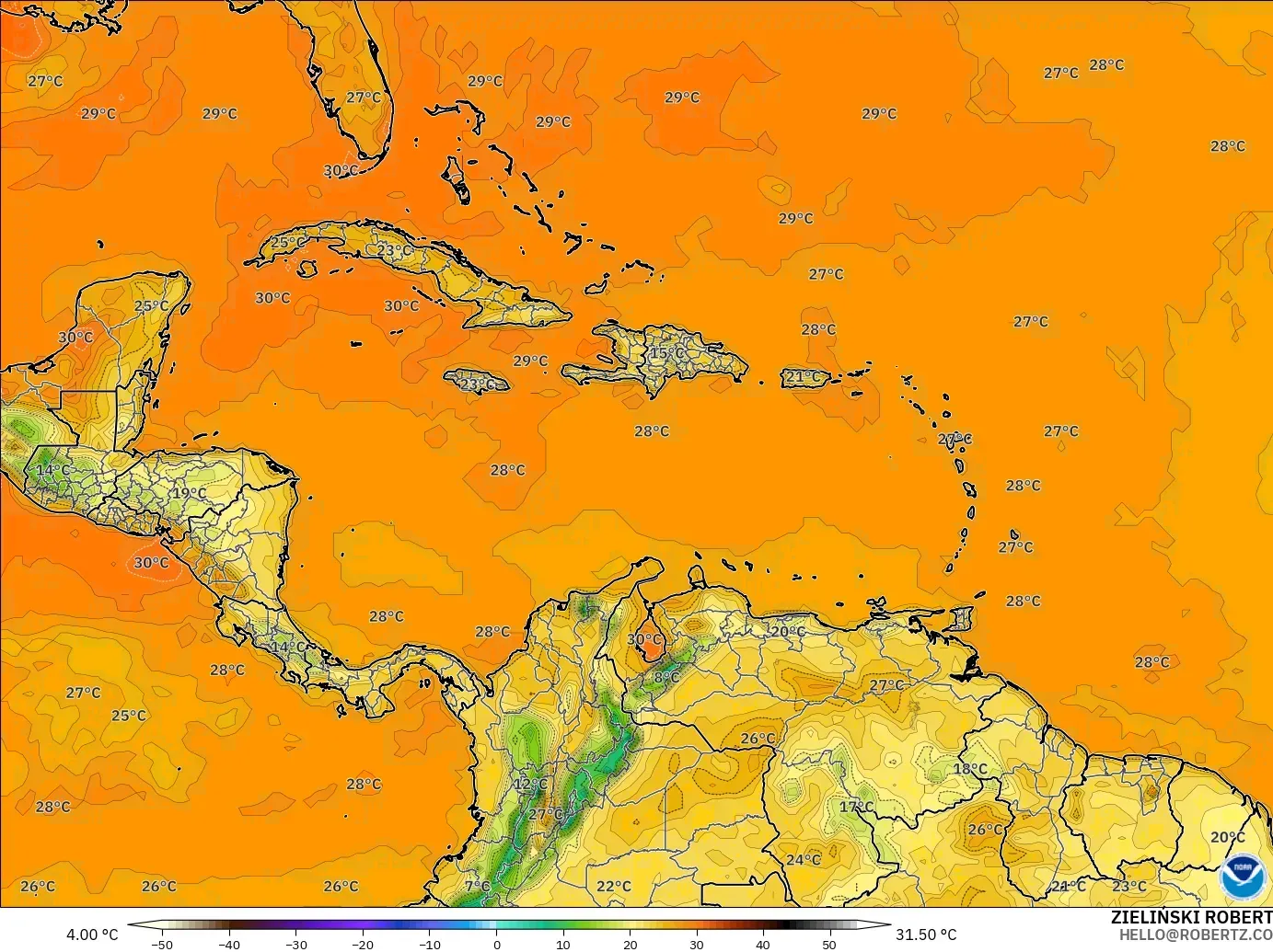 GFS modelo - Caribe, Temperatura a 2 m