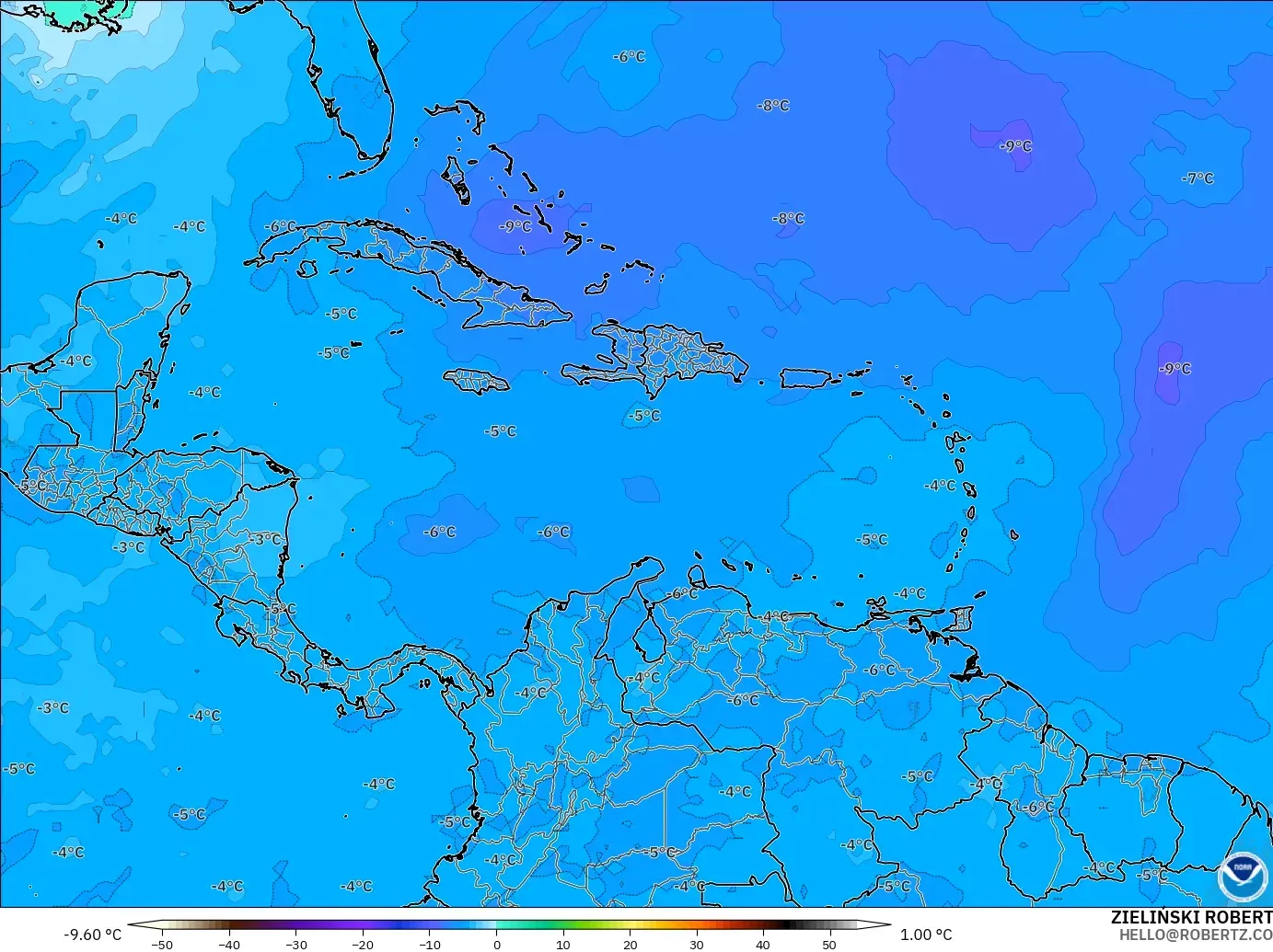 GFS modelo - Caribe, Temperatura a 500 hPa