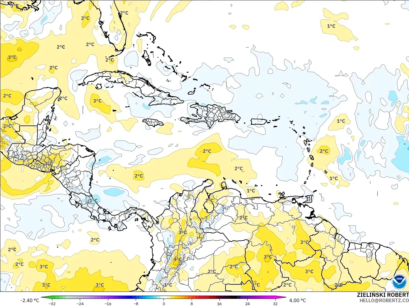 GFS modelo - Caribe, Anomalía de temperatura a 850 hPa