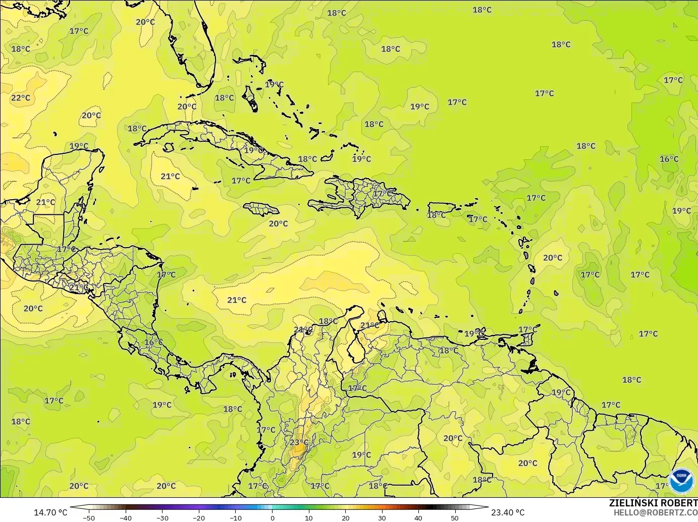 GFS modelo - Caribe, Temperatura a 850 hPa