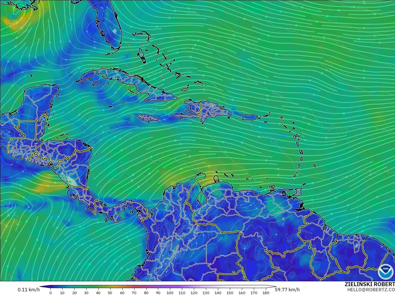 GFS modelo - Caribe, Viento a 10 m