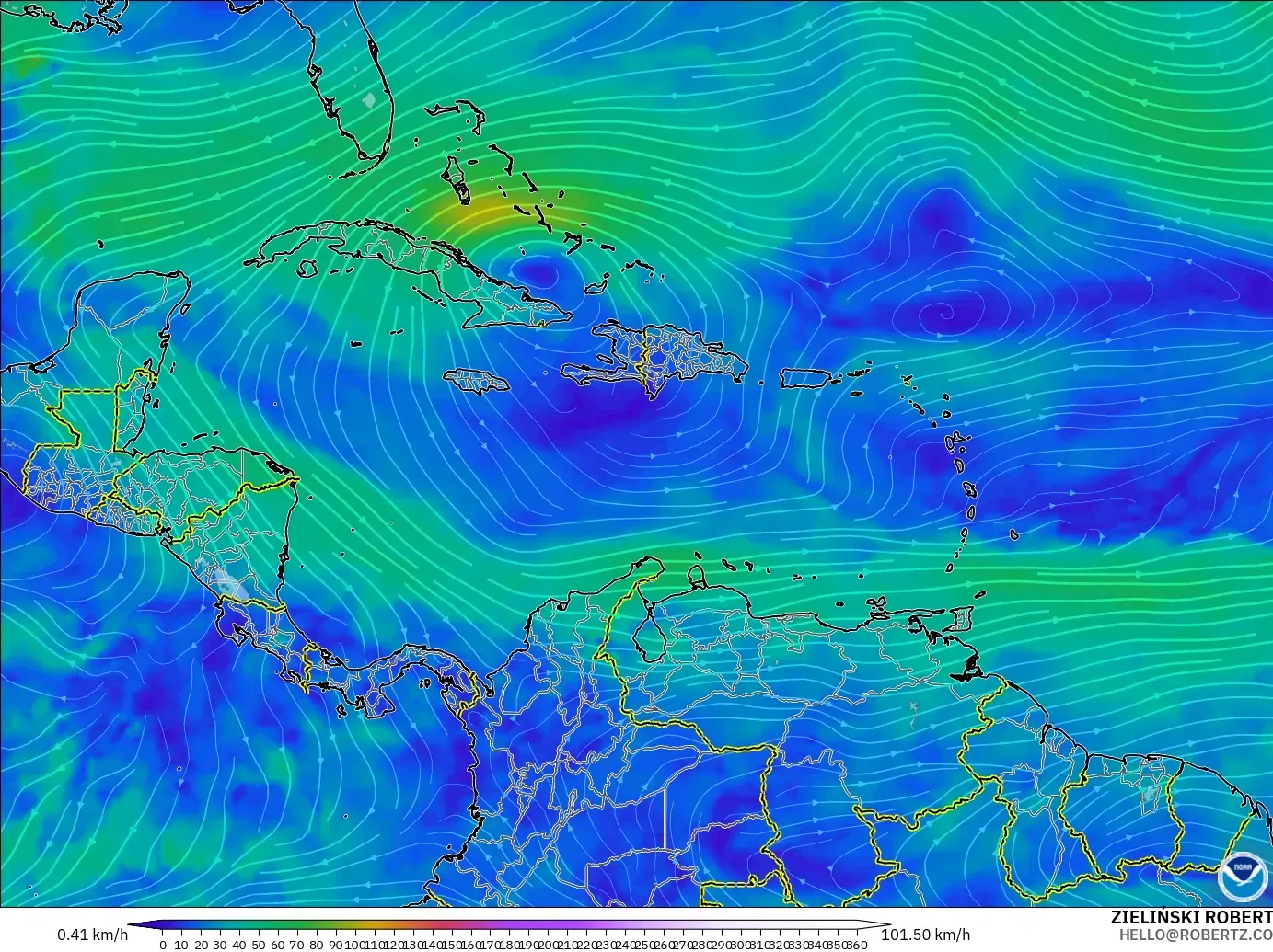 GFS modelo - Caribe, Viento a 300 hPa (corriente en chorro)