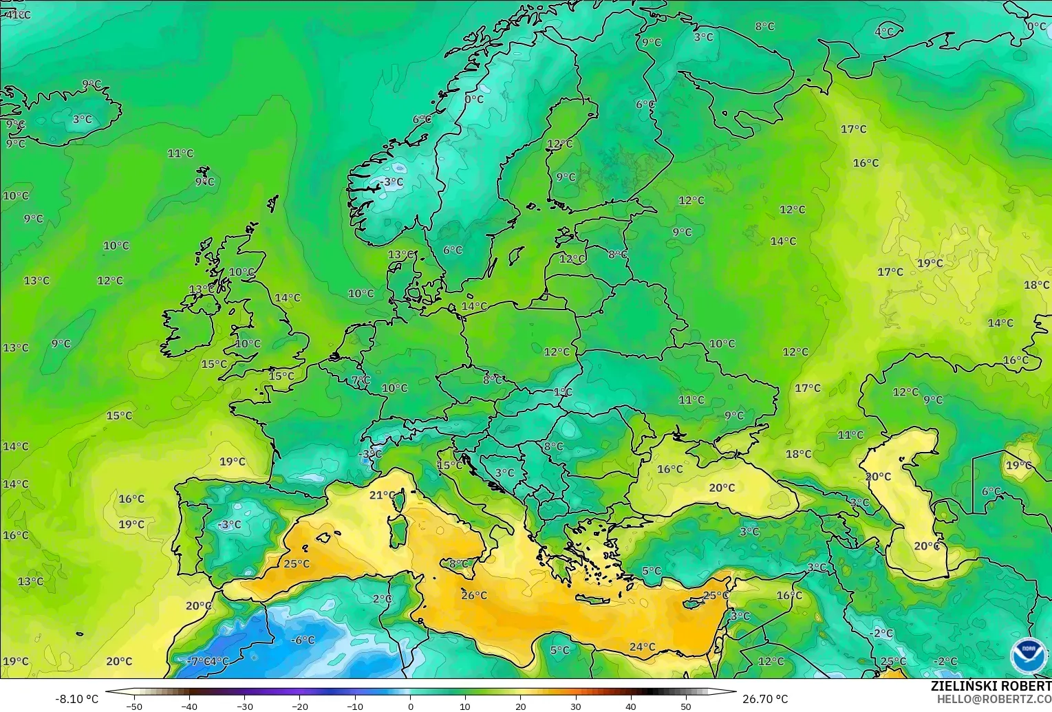 GFS modelo - Europa, Punto de rocío a 2 m