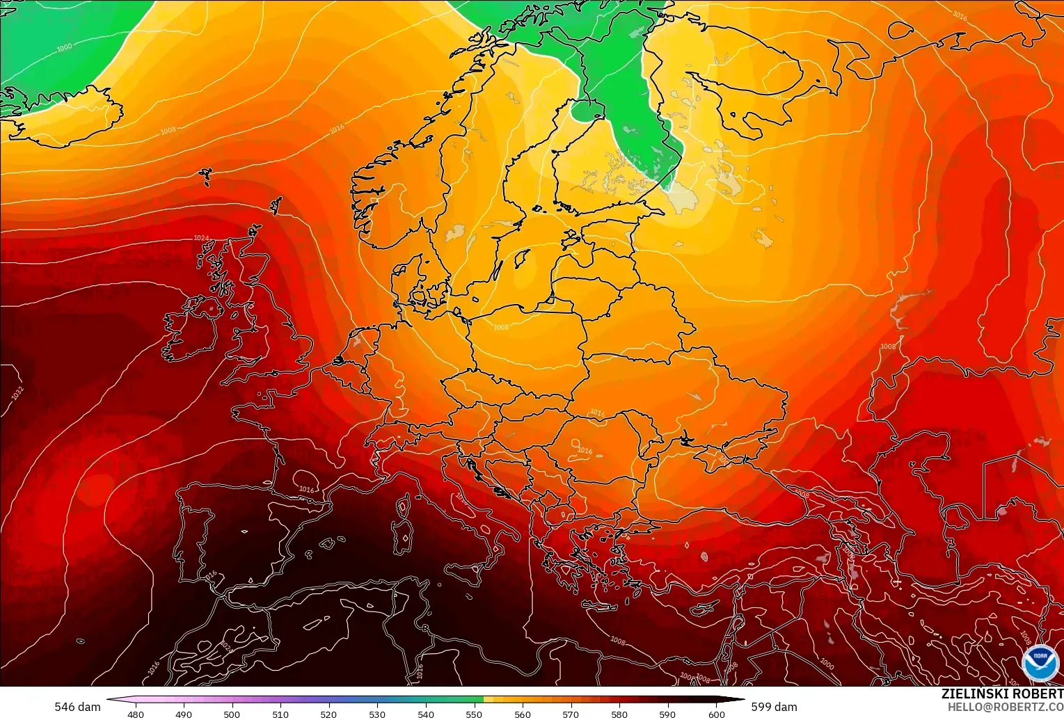 GFS modelo - Europa, Altura geopotencial a 500 hPa