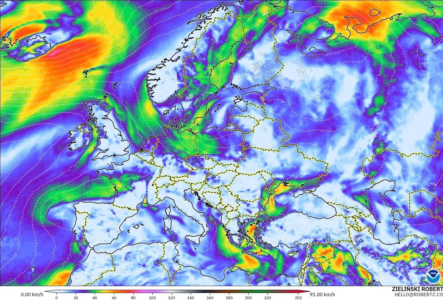 GFS modelo - Europa, Ráfagas de Viento Máximas