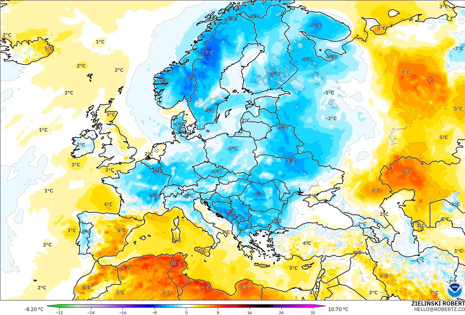 GFS modelo - Europa, Anomalía de temperatura a 2 m