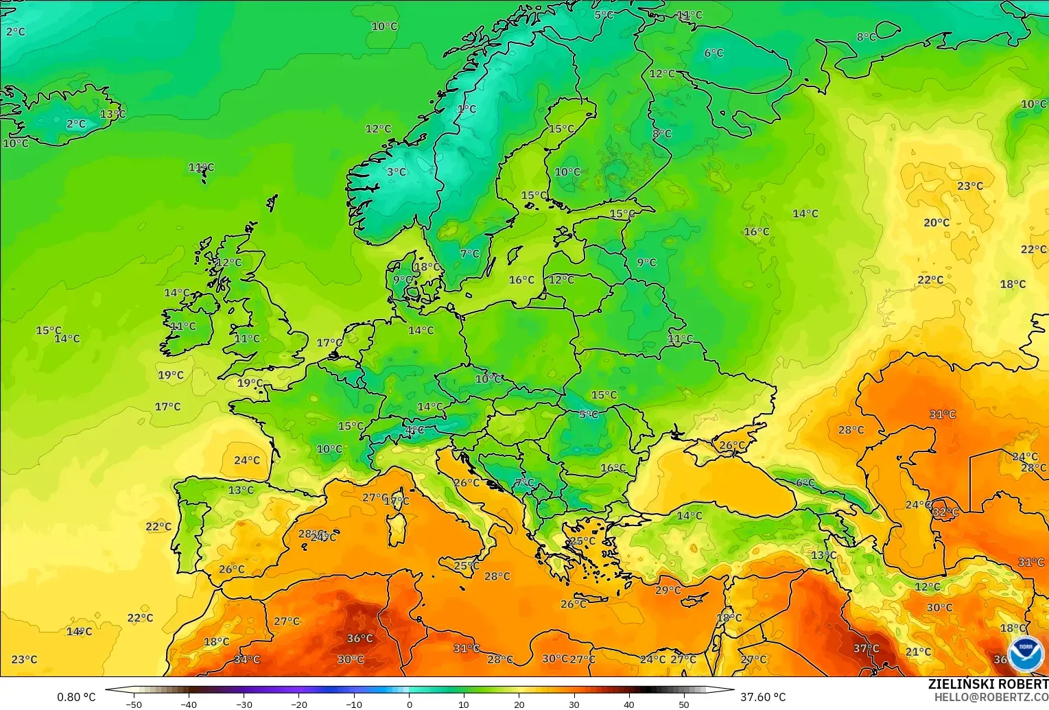 GFS modelo - Europa, Temperatura a 2 m