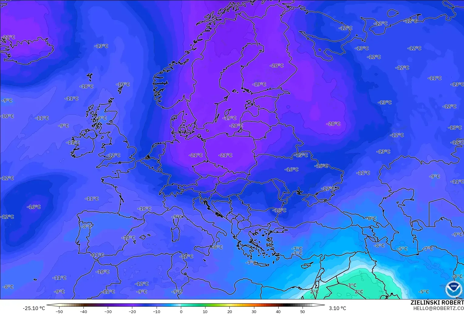 GFS modelo - Europa, Temperatura a 500 hPa