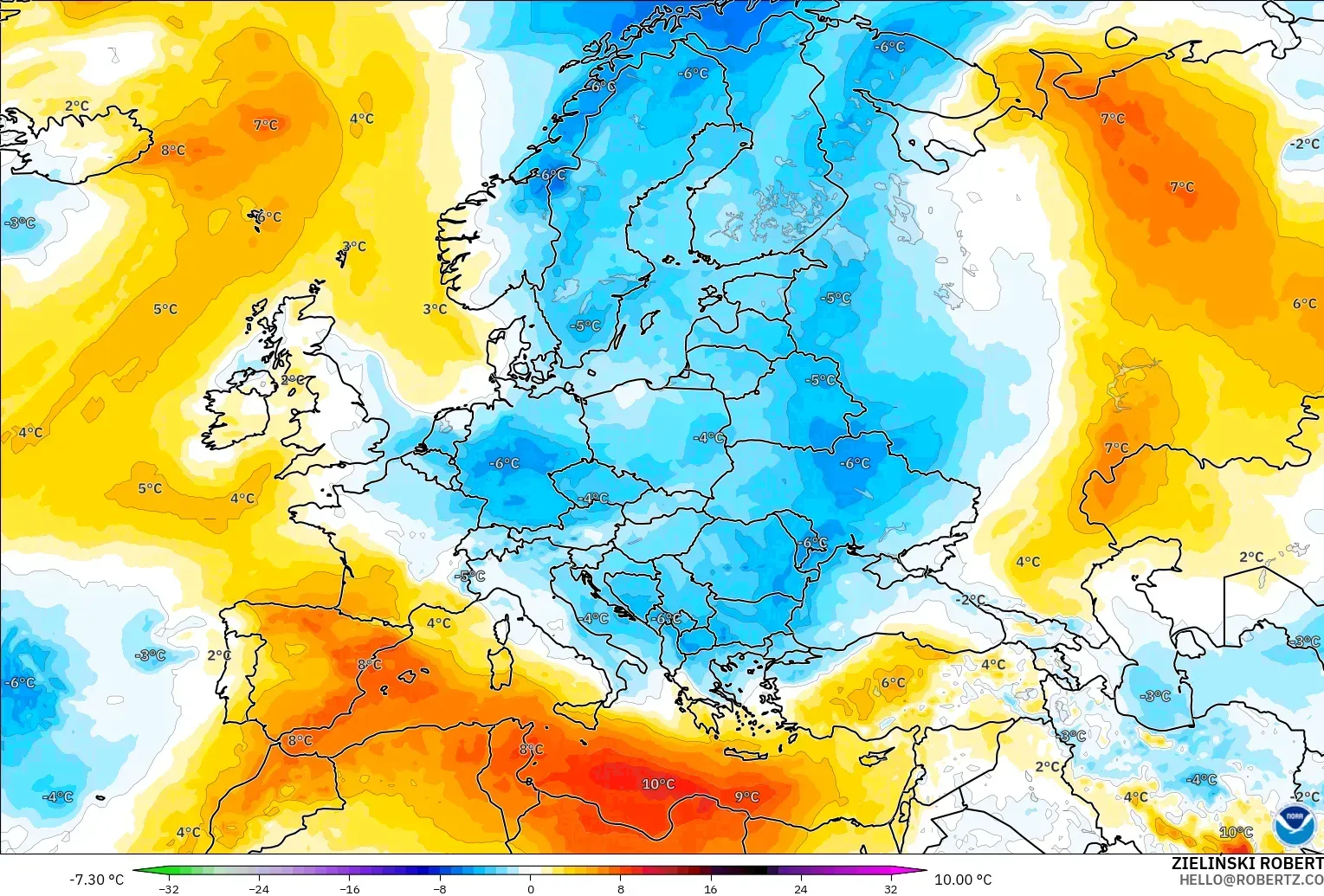 GFS modelo - Europa, Anomalía de temperatura a 850 hPa