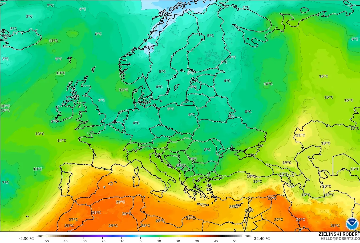 GFS modelo - Europa, Temperatura a 850 hPa
